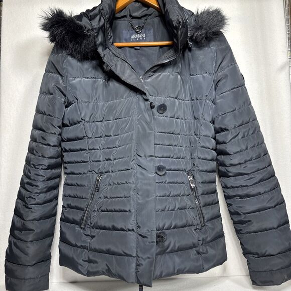Armani Jeans Puffer Coat Womens US 10 EU 42Black Detachable Hood Full Zip - Picture 1 of 9